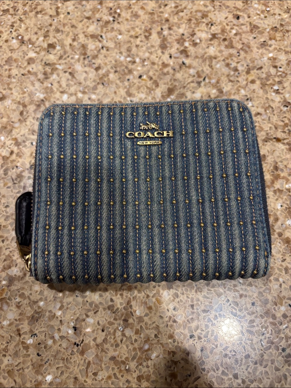 Coach Blue Quilted Denim Zip Wallet with Gold Studs